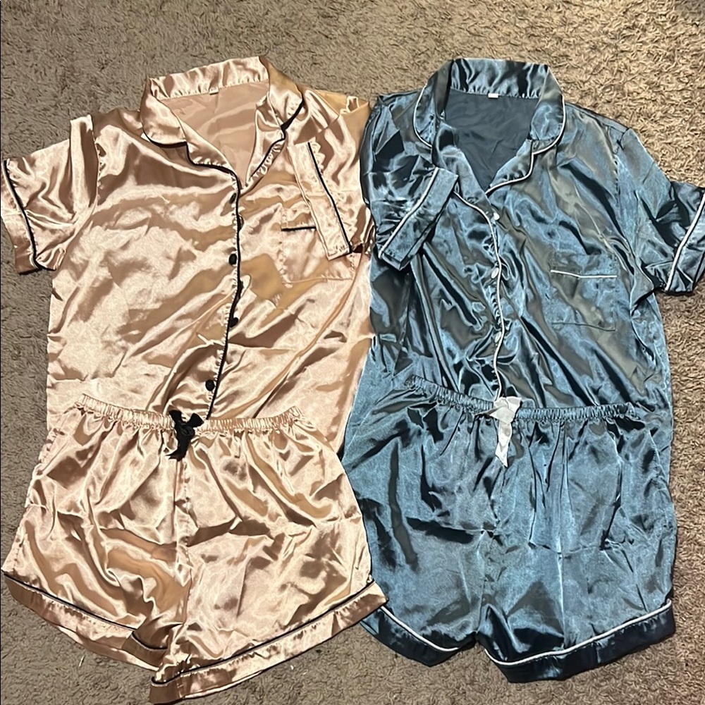 Cream and Blue Satin Pajama Set with Relaxed Fit